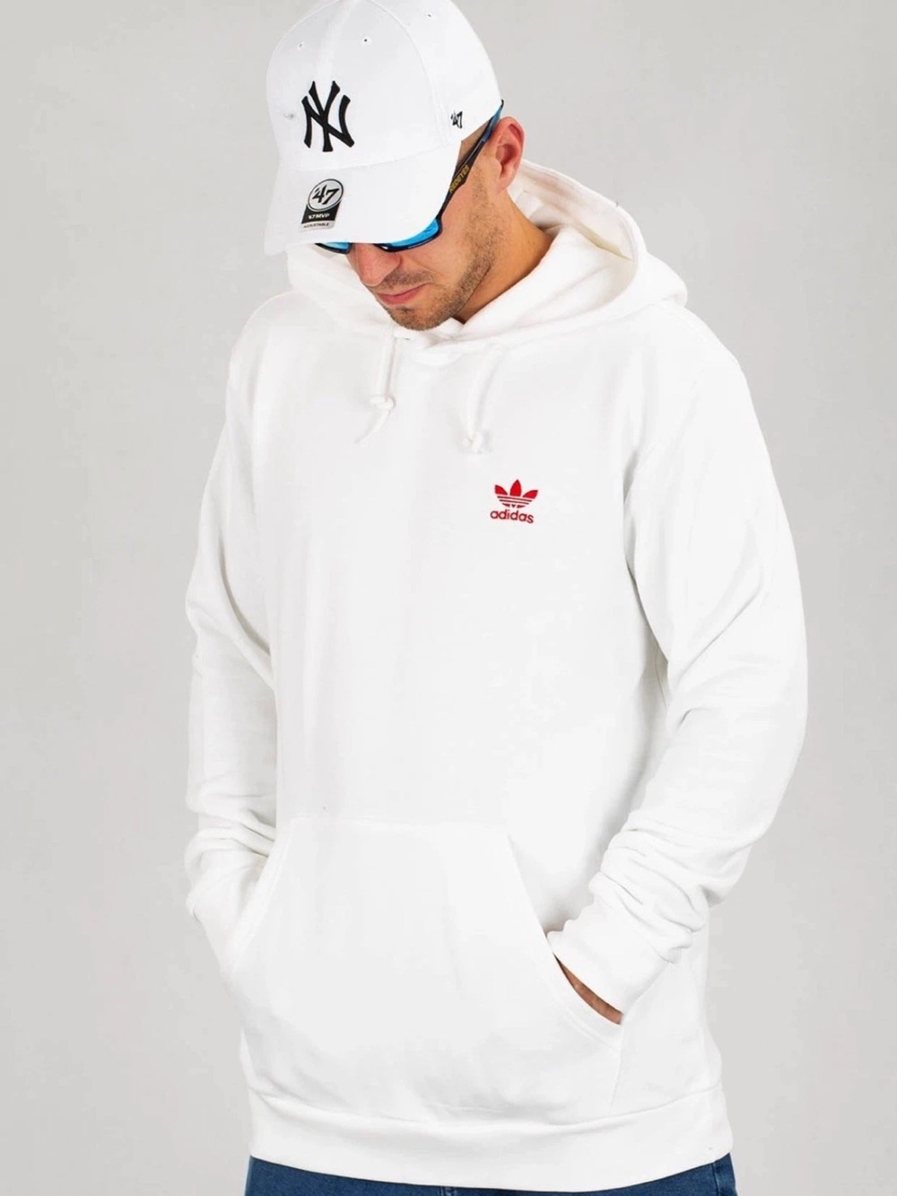 Adidas White Hoodie with Red Trefoil Logo - Men's Casual Pullover